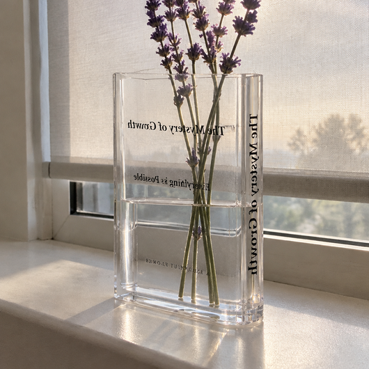Florero libro transparente visto por detrás con lavanda en una ventana