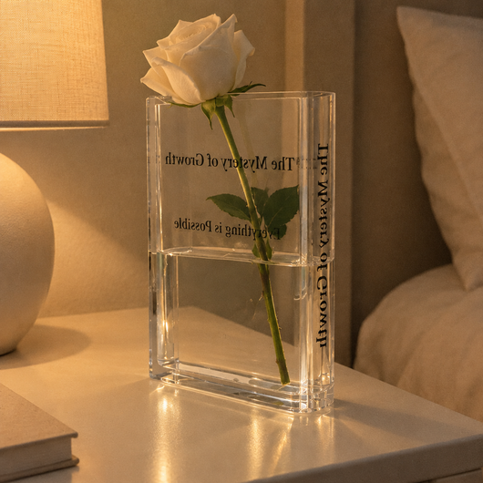 Florero libro transparente visto desde atrás en una mesa de noche con una rosa blanca