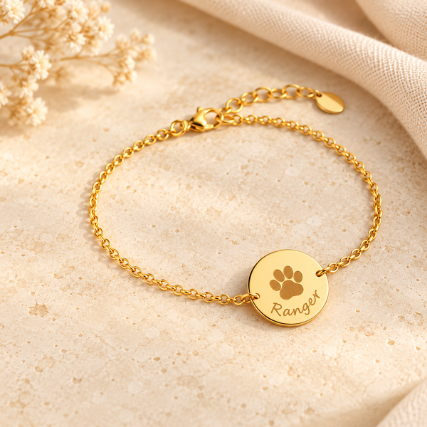 Pulsera personalizada con huella y nombre de mascota en acabado dorado