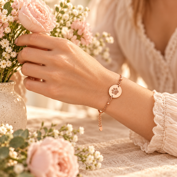 Pulsera huellita oro rosa junto a flores